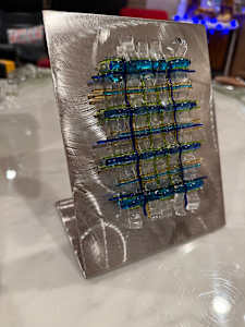 Woven Glass Blues, Greens, Clear, and Gold Sculpture on Brushed Steel Stand