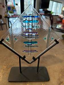 Woven Glass Blue, Turqouise, Lavender, and Clear Sculpture on 8” Square
