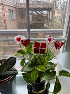 Clear Iridescent Bear with Red Heart and Dots Plant Stake
