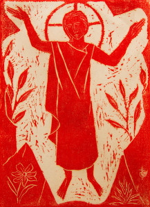 Untitled (Saint with Both Arms Raised--Red Ink on White Paper)