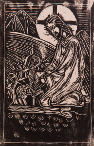 Untitled (Kneeling Jesus with Lamb, Black Ink on White Paper, Uneven Black Ink at Top)