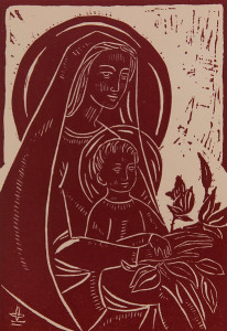 Untitled (Madonna and Child--White Ink on Dark Red Paper)
