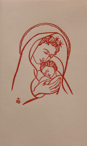 Untitled (Holy Cards--Bright Red Madonna and Child on White Paper)