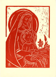 Untitled (Madonna and Child--White Ink on Orange-Red Paper)