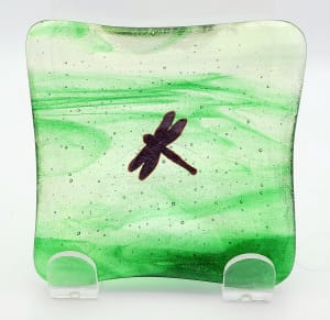 Trinket Dish-Deep Square in Green/Clear Streaky with Copper Dragonfly