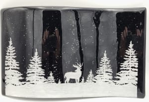 Stand Up Curve-Winter Scene with Deer in Woods on Adventurine Blue