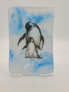 Soap Dish/Spoon Rest-Penguin Mom & Baby on Blue/White Streaky
