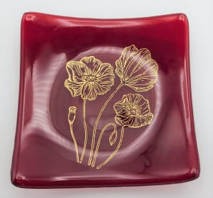 Plate-Red with Gold Poppies
