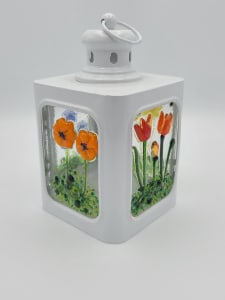 Lantern-Small, White with Botanical Panels