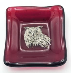 Trinket Dish-Cranberry with Silver Owl
