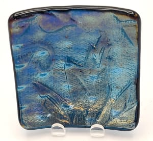 Trinket Dish-Steel Blue Irid with Fish Pattern Imprinted with Leaves
