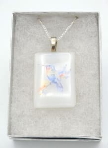 Necklace-White with Hummingbird on Branch