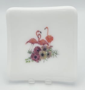 Small Plate-Flamingo Group with Flowers on White