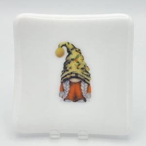 Small Plate-Gnome Girl with Holly Hat on White