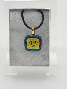 Necklace-Gold Etched Dog Head on Blue Patterned Dichroic