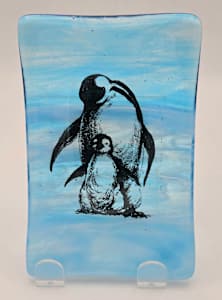 Soap Dish/Spoon Rest-Penguin Mother and Baby on Blue Streaky