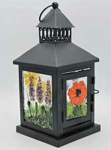 Lantern, Small, Black with Botanical Panels