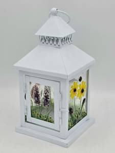 Lantern, Small, White with Botanical Panels