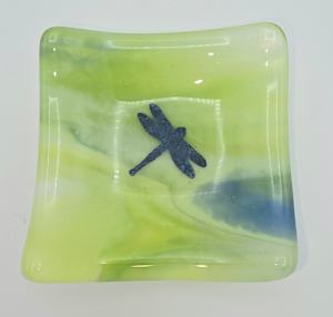 Trinket Dish-Copper Dragonfly on Green/Blue/White Streaky
