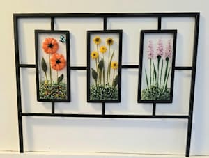 Border Trellis with Botanical Panels-Orange Poppies, Sunflowers, Pink Spire Flowers