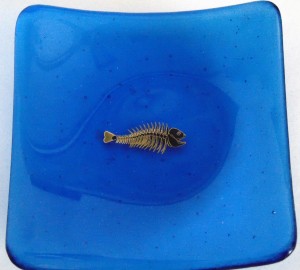 Small Plate-Blue with Metallic Fish Skeleton