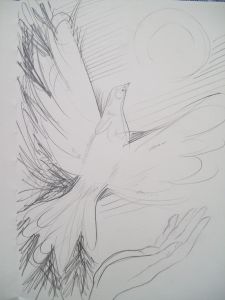 A dove with a hand and Sun