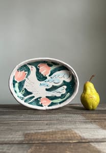 Teal and Pink Bird Oval Plate