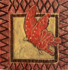 Batik Red Butterfly with gold Square