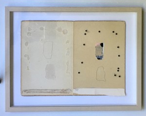 Pencil drawn shapes on found paper,  map pins