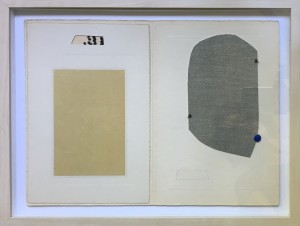 Photograph folder with cutout, glued on rectangle, knotted thread, pinned on patterned board