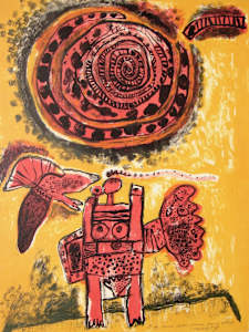 Femme-deesse, oiseau, grand soleil