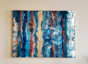 Abstract Resin Art (Ruby Metallic, Blues, Silver, Turquoise, & Gold on Cradled Wood Panel w Silver, Gold, Copper Leaf