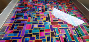 Mosaic Collage, Multi-Color on Gold Hardboard w Resin Mixed w White Glitter Dust for Sparkles, 16x20 inches