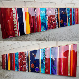 Abstract Collage Art on Wood Panel 12"x 48"x 1.5" w Glass, Alcohol Inks, Resin