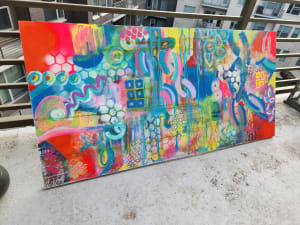 Bright Colorful Graffiti Style Mixed Media Painting on Redwood Board