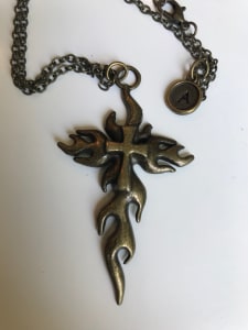 Metal Cross and Flames Pendant on Chain