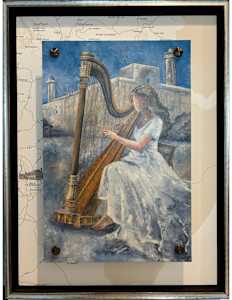 MUSIC REMEMBERS PAINTING PLUS UNDER SHOWING THE MAP OF THE OLD CITY OF HEBRON, WEST BANK OF THE CAVE OF THE PATRIARCHS (IBRAHIMI MOSQUE)