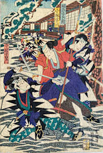 Three men fight in the snow