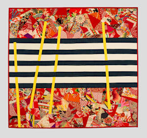 Exercise with Japanese Fabrics, blue and white stripes with yellow bars