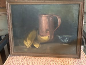 Original primitive painting on canvas ~ copper pitcher and bananas
