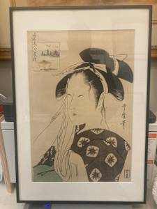 framed Japanese woodblock Asahiya Widow Kitagawa Utamaro
