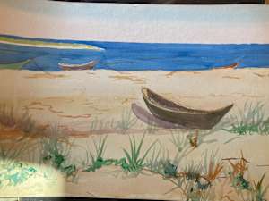 original unsigned watercolor of beach and boats  #125