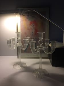 Pair of blown glass clear 4 armed candlabra