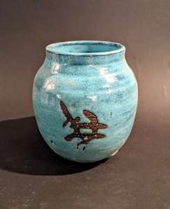 Globular turquoise ceramic ikebana vase