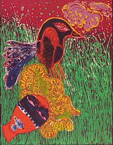 La femme masquée comme pour une fête, fête de l'herbe, fête de l'oiseau