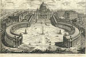 Veduta dell'insigne Basilica Vaticana coll'ampio Portico, e Piazza adjacente (View of the Vatican basilica with its spacious portico and its piazza)
