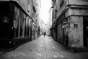 Narrow Street with Bicyclist - Paris, France (Black and White version)