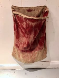 Inside-Out Burlap Bag Painting (red monochrome)
