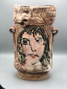 Woman, Fish, Cat Vase with Handles