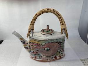 Pink Goat & Grey Cat Teapot with Rattan Handle